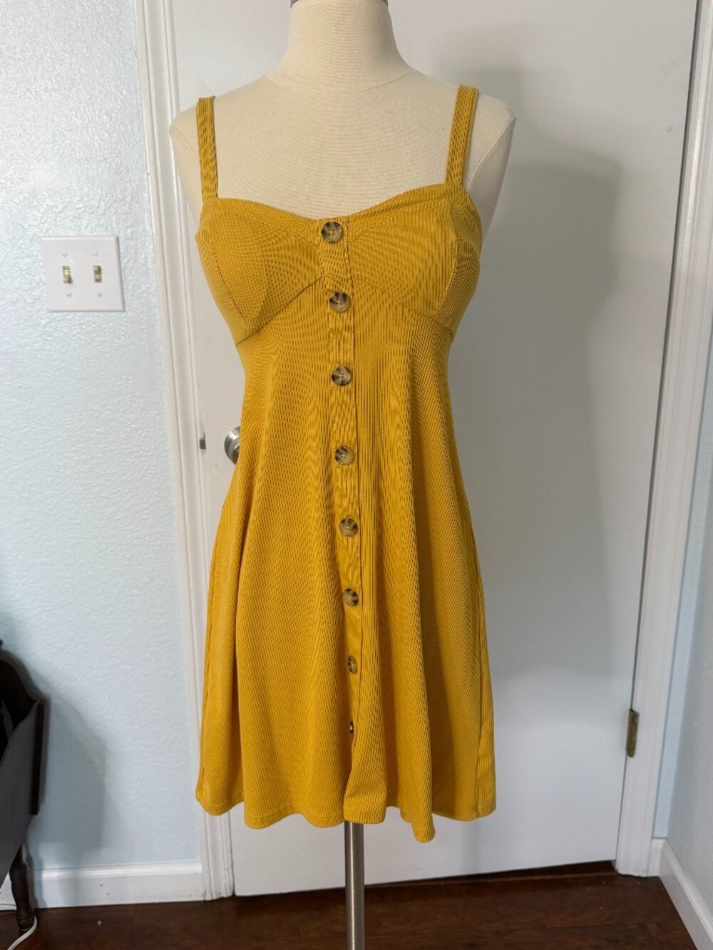 No Boundaries Mustard Yellow Ribbed Button Front Mini Dress Size S (3–5)